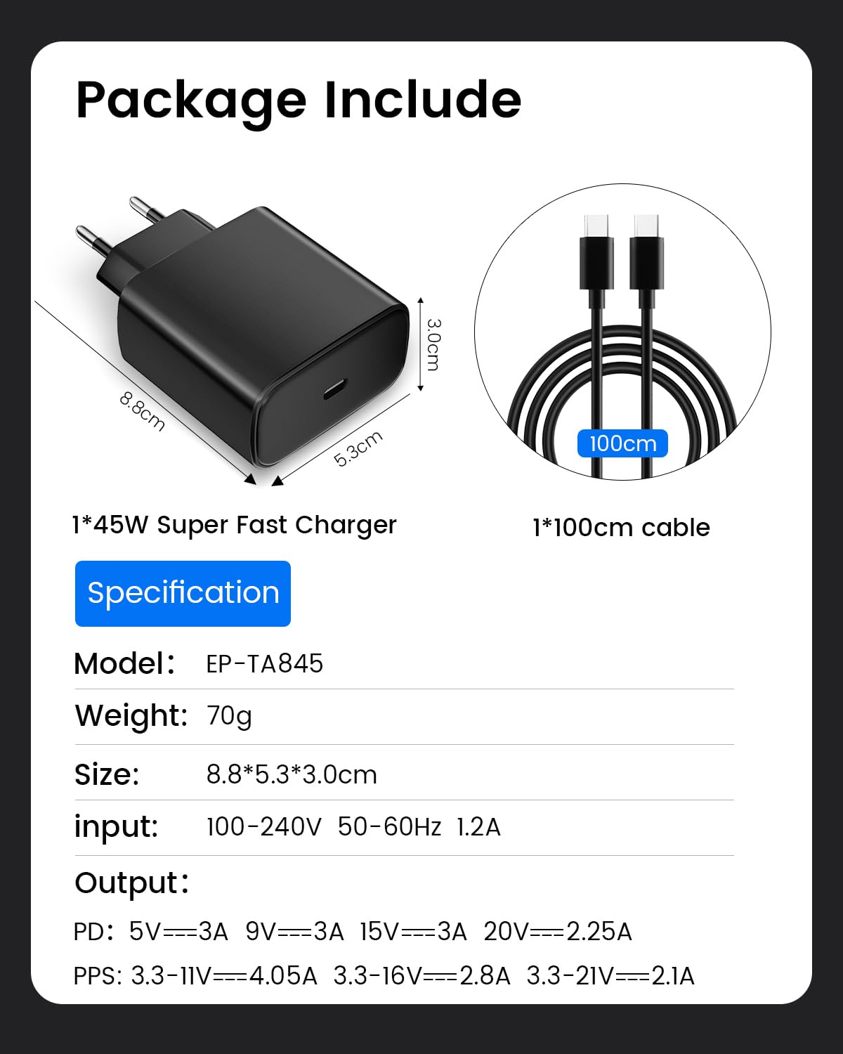 45W USB C Caricatore Rapido per Samsung Spina Presa USB C con Tipo C Cavo per Samsung Galaxy S23 Ultra, S22 Ultra, S20 Ultra, S23+, S22+, Tab S8 S8+ S7 FE S7+, Note10+