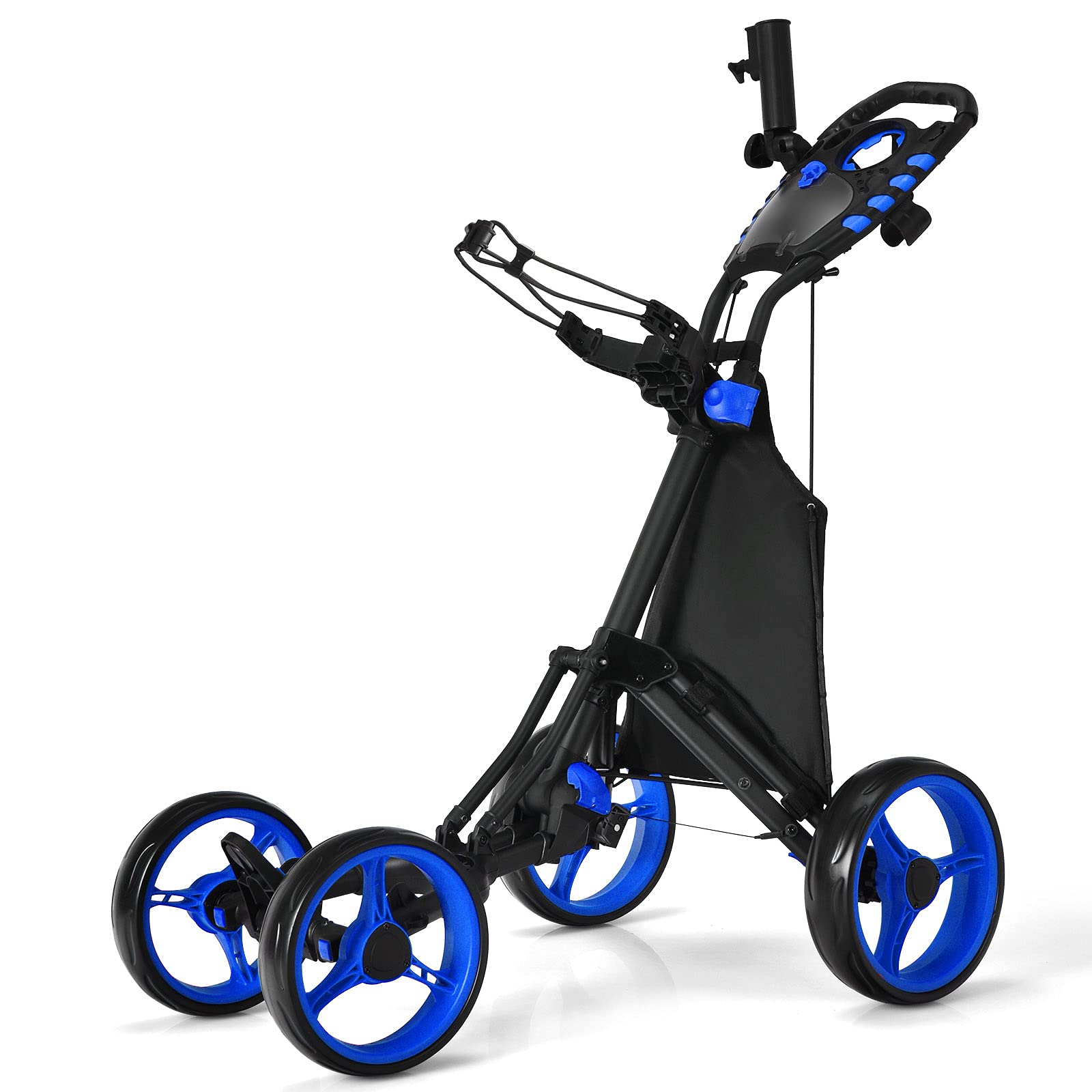 LIFEZEAL Golftrolley mit 4 Rädern, Golf Push Cart mit Fußbremse, Golfcaddy mit Aufbewahrungstasche & verstellbarem Griff, 110 x 65 x 100 cm
