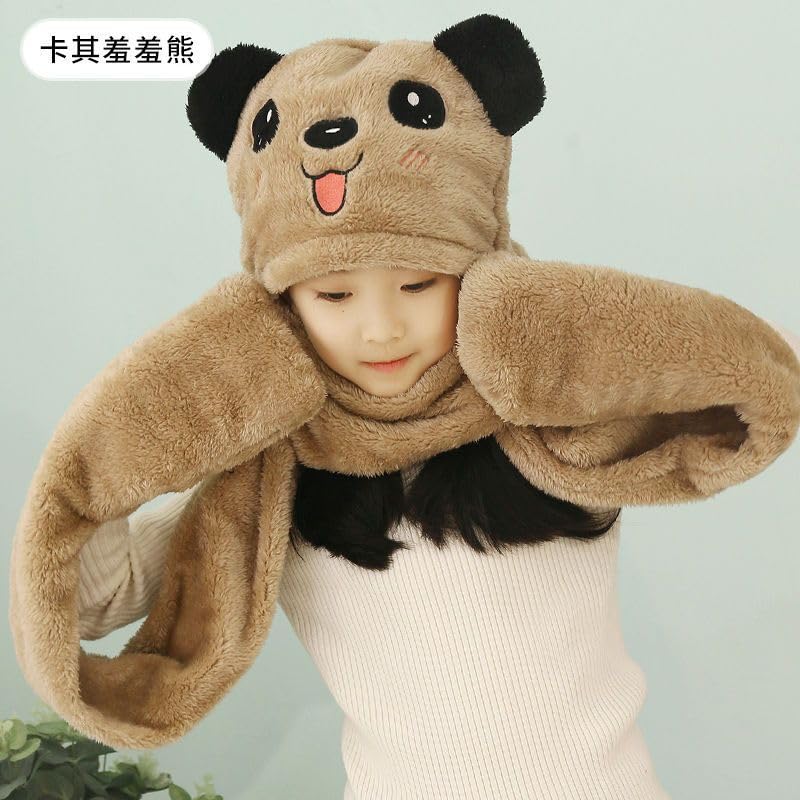 FabNext - 3 in 1 Kids Hat Gloves Scarf Set, Thick Winter Warmer Pocket Mitten Headscarf Ear Cuff Costume Cap Toddler Long Fleece Snowboarding Hoodie | 3-10 Yr Kid | Brown Color 1