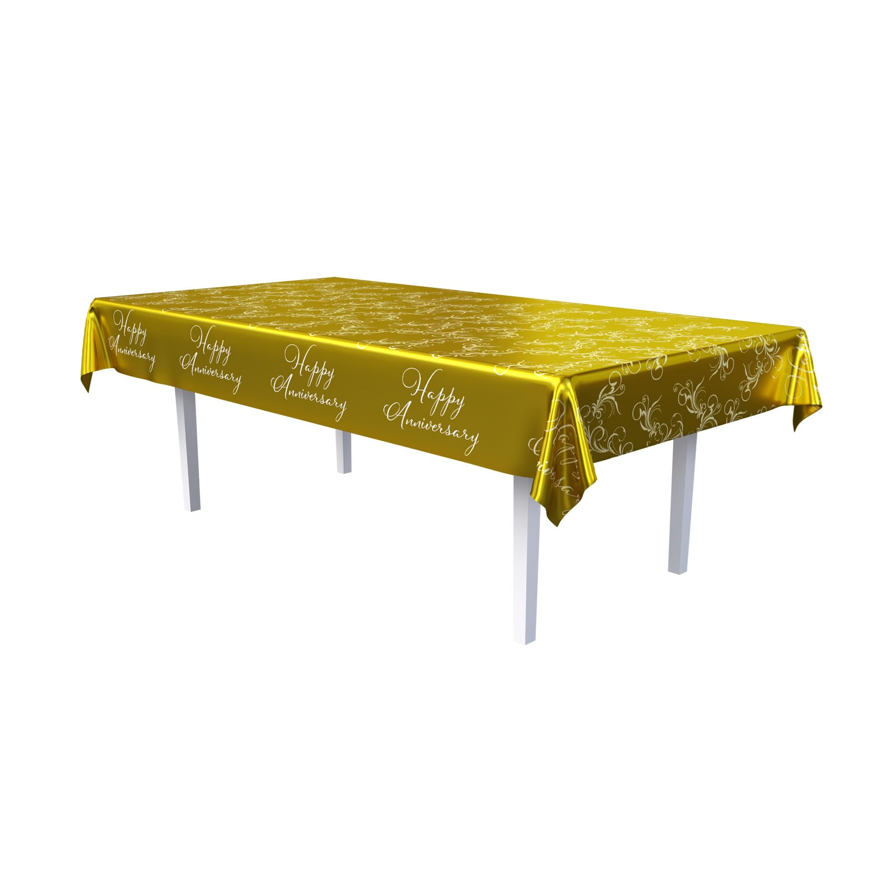 Beistle 137 cm x 274 cm metaliczny złoty obrus Happy Anniversary plastikowy jednorazowy obrus, artykuły imprezowe na uroczystości