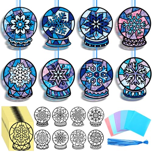 Eersida 32 Pcs Winter Snow Globe Suncatcher Craft Kit 8 Designs Stained Glass Style DIY Hanging Ornaments with Ribbon & Adhesive for Holiday Window Decor & Seasonal Crafting