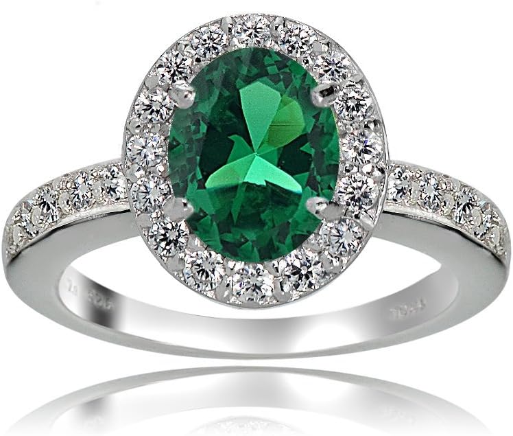 Ice Gems Sterling Silver Created Emerald and White Topaz Oval Halo Ring