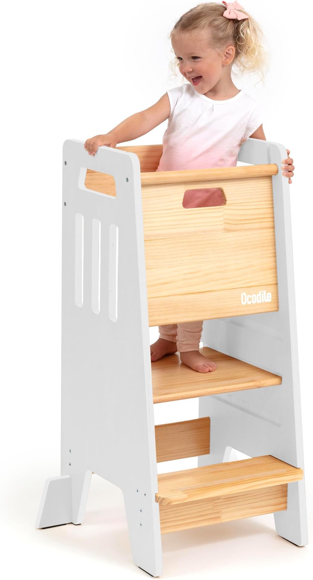 Ocodile Toddler Tower with a Sliding Door Ensuring Full Back Protection - Complete Toddler Kitchen Stool Helper with Support Feet - Easily Height Adjustable for 18+ Months Kids to 6-year-old - White