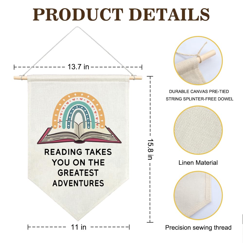 AGMDESIGN Reading Takes You on the Greatest Adventures Funny Canvas Hanging Pennant Flag Banner, Baby Nursery Quote Decor, Bookshelf Decor, Home Office School Library Classroom Kids Room Flag Decor