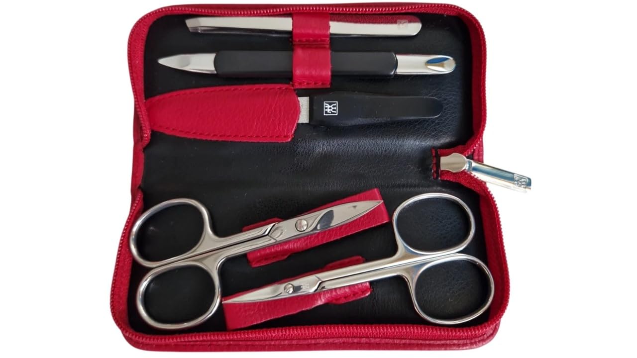 Zwilling – Maniküre Set 5-teilig - Manicure - Nagelschere - Pinzette - Nagelpflege - Reißverschluss-Etui - Leder-Etui - 13,8 x 6,5 x 2,5 cm - rot