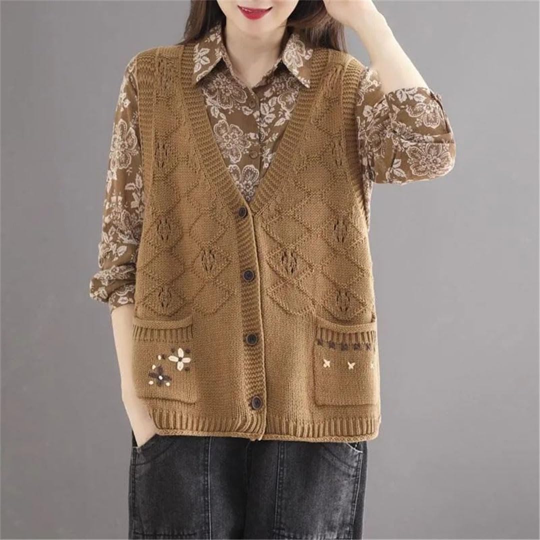 Alloaone Maglione da Donna Gilet con Scollo A V Senza Maniche Maglione Lavorato A Maglia Cardigan con Tasche A Fiori Top Senza Maniche