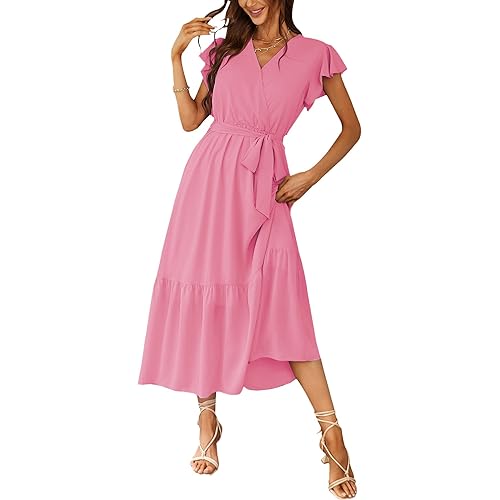 PRETTYGARDEN Women's Summer Floral Boho Dress Wrap V Neck Short Sleeve Ruffle A-Line Flowy Maxi Wedding Guest Dresses