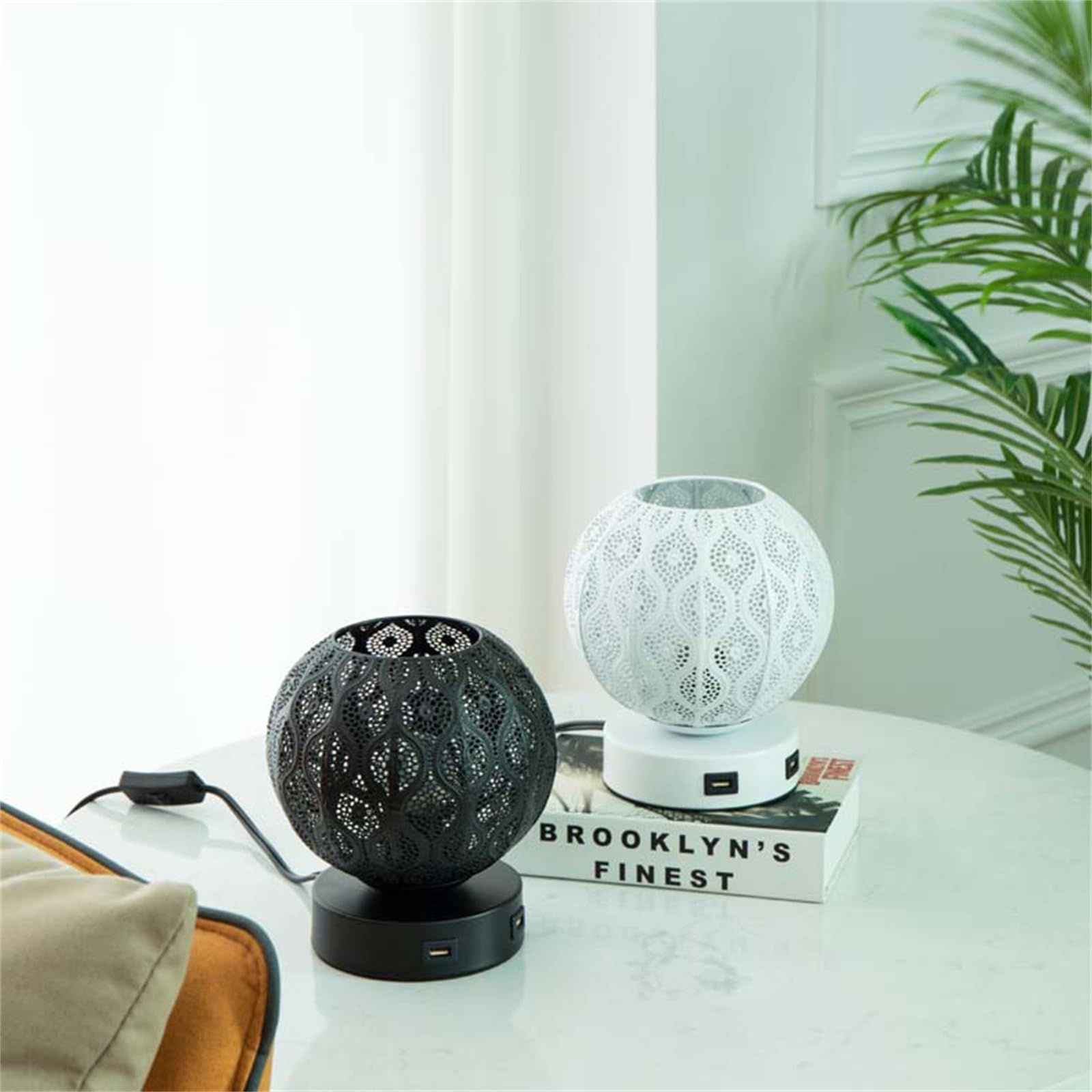 Moderne Wandleuchten, Schreibtischlampe Modern mit Touch-Dimmschalter Tischlampe E27 Runder Metallkäfig mit Glühbirne Nachttischlampen mit 2 USB-Ladeanschlüssen Leselampe Innen für Schlafzimmer A