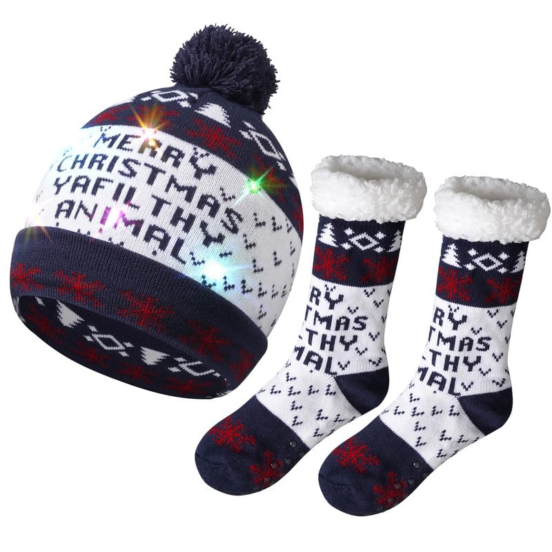 U LOOK UGLY TODAYUnisex Christmas LED Light Up Beanie Knitted Hat Socks Novelty Ya Filthy Animal Cap Men Women, One Size