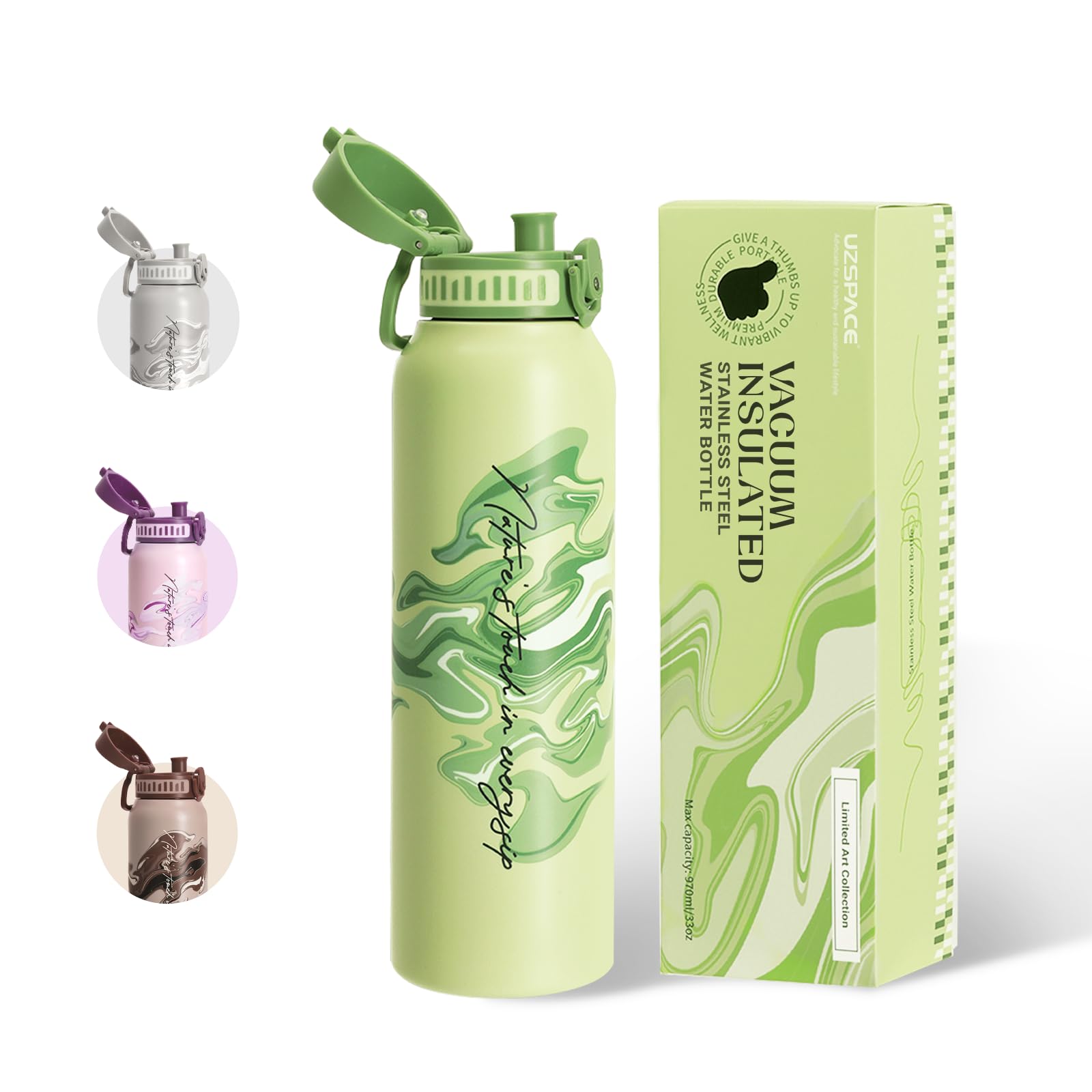 UZSPACE Stainless Steel Water Bottle 1l (970ml) - Double-Walled Insulated Water Bottles That Keep Drinks Cold & Hot - ArtisticPrint Drinking Bottles for Adults - Ideal for Outdoors & Sports, Key Lime — image 1