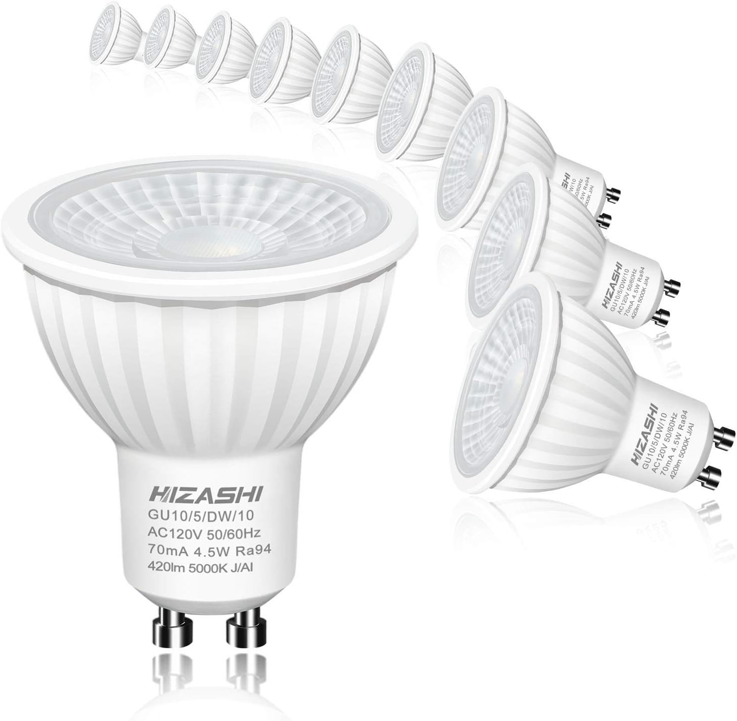 Hizashi Flicker-Free GU10 LED Bulbs, 94 CRI, 50W Halogen Equivalent, Non Dimmable, 4.5W 420LM LED Spot Light, 5000K Daylight White LED Light Bulbs Recessed Lighting, Track Lighting, UL Listed, 10 Pack