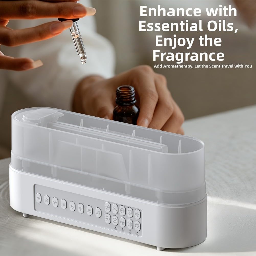 Diffuseur d'aromathérapie avec effet de flamme simulée, bruit blanc, lumière d'ambiance avec minuterie d'arrêt automatique pour chambre à coucher, sommeil, détente à la maison, au quotidien (blanc)