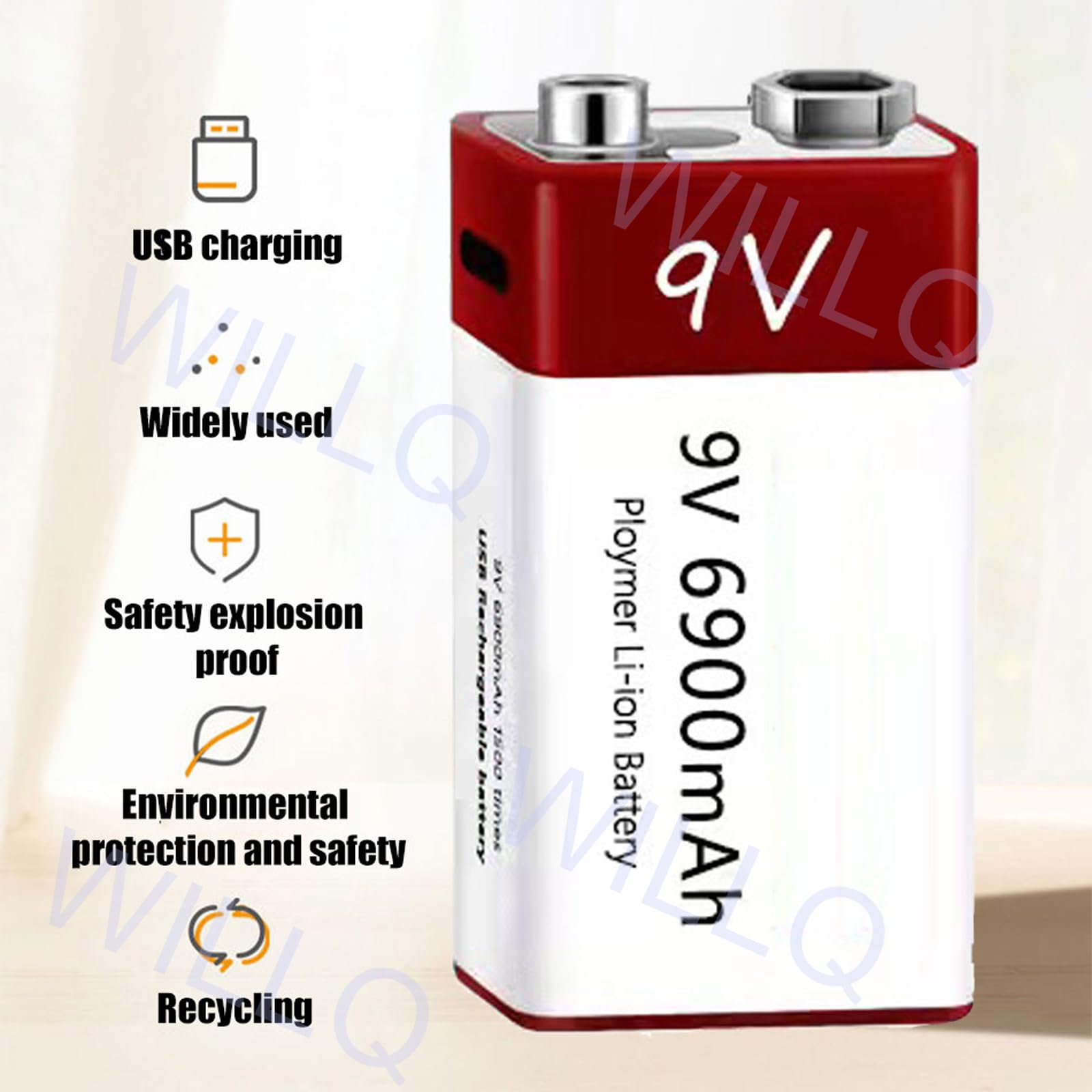 Pack Piles au Lithium Rechargeables 9V Batterie Li-ION 6900mAh 9V avec câble Chargement USB pour Guitare électrique/Microphone/détecteur fumée/détecteur et Plus Encore