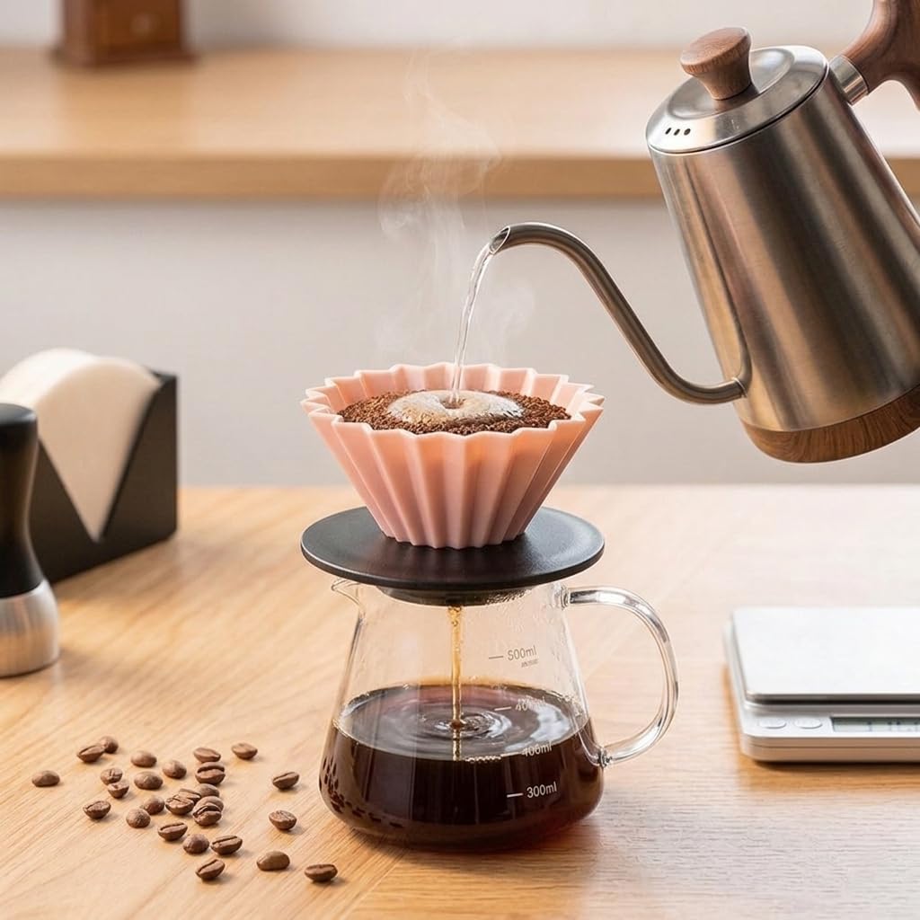 Wave Coffee Dripper with Base Set, Resin with Cone Shape Design, Compatible with Cone and Cake Cup Filter Paper, Japanese Style (Pink)