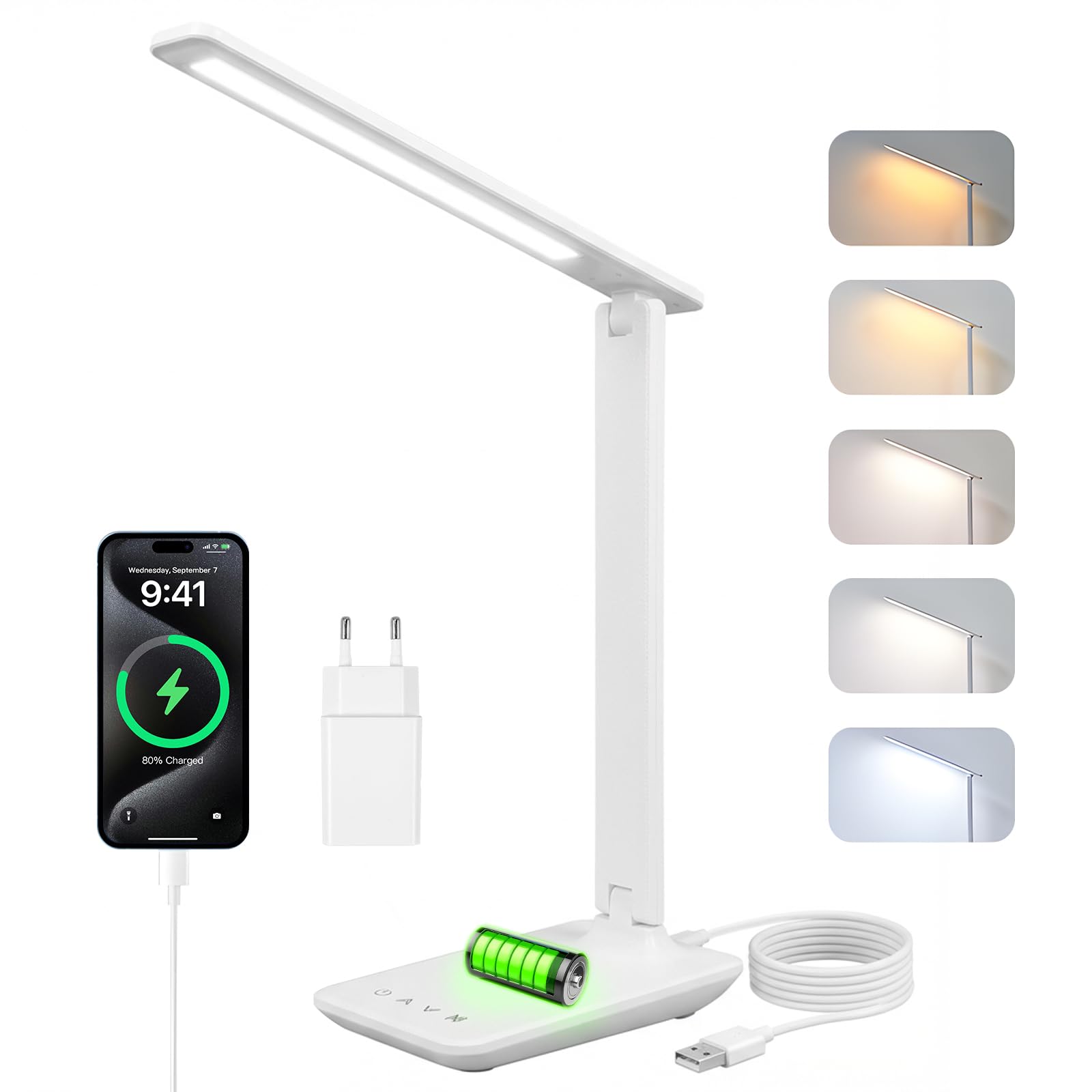Schreibtischlampe LED, Dimmbare Tischleuchte, LED Tischlampe mit 5 Farben und 5 Helligkeitsstufen, Leselampemit USB Ladeanschluss Touch Steuerung für Kinder, Lektüre, Büros (weiß-batteriebetrieben)