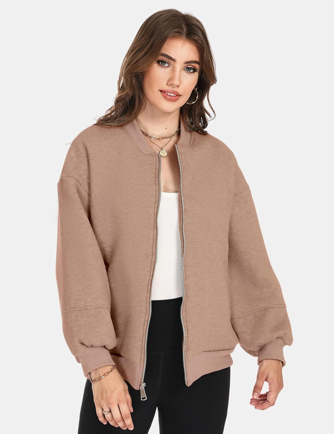 Wyeysyt Oversized Sweatshirt for Women Zip Up Fleece Bomber Jacket Casual Lantern Sleeve Sweatshirt - Image 3