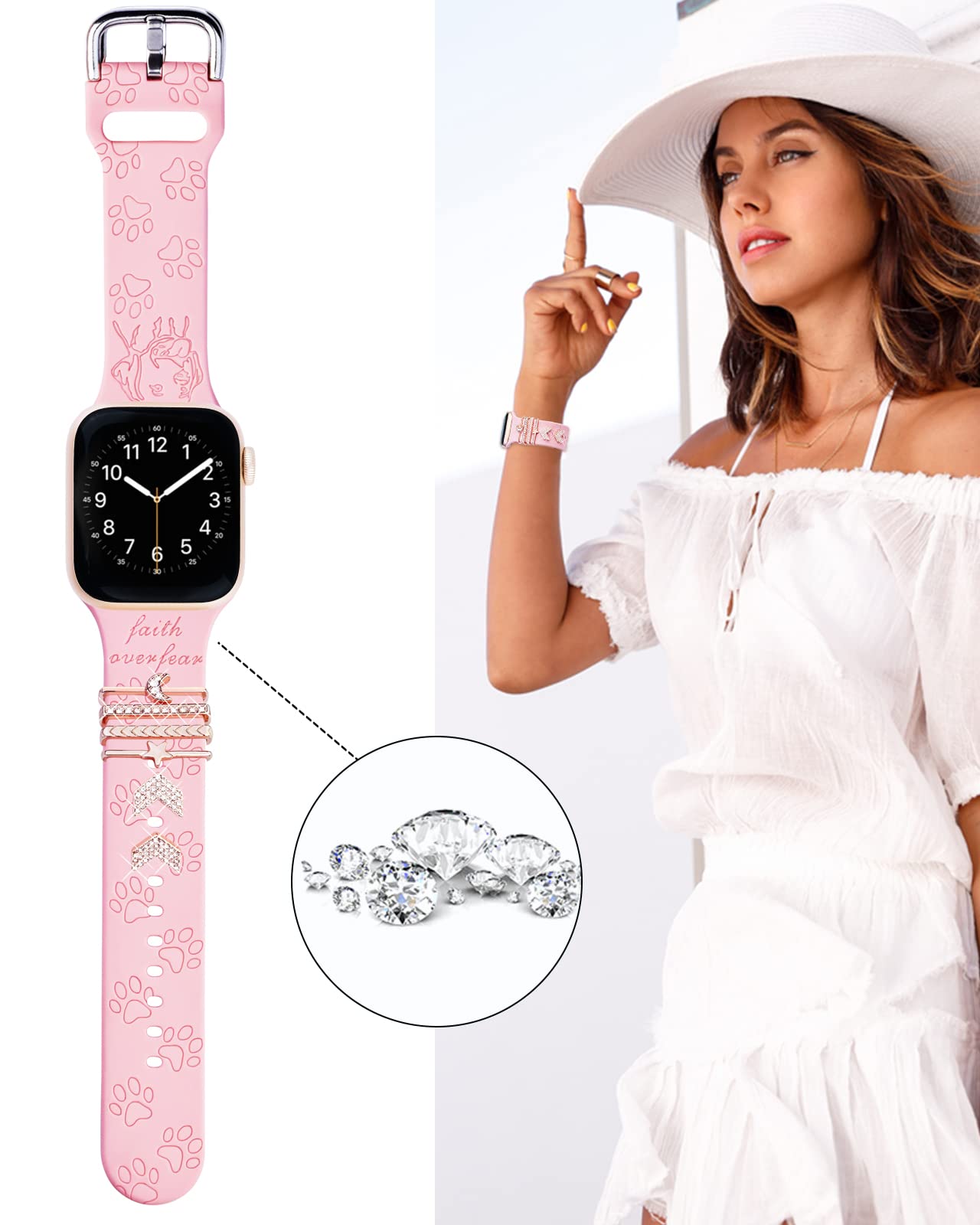 Apple Watch Band Charms (iWatch Band Included) Decorative Rings Loops Compatible with Apple Watch 38mm 40mm 41mm 42mm 44mm 45mm Series SE 7 6 5 4 3 2 1 YOPICKERN Engraved Silicone Bands Dog Paw with