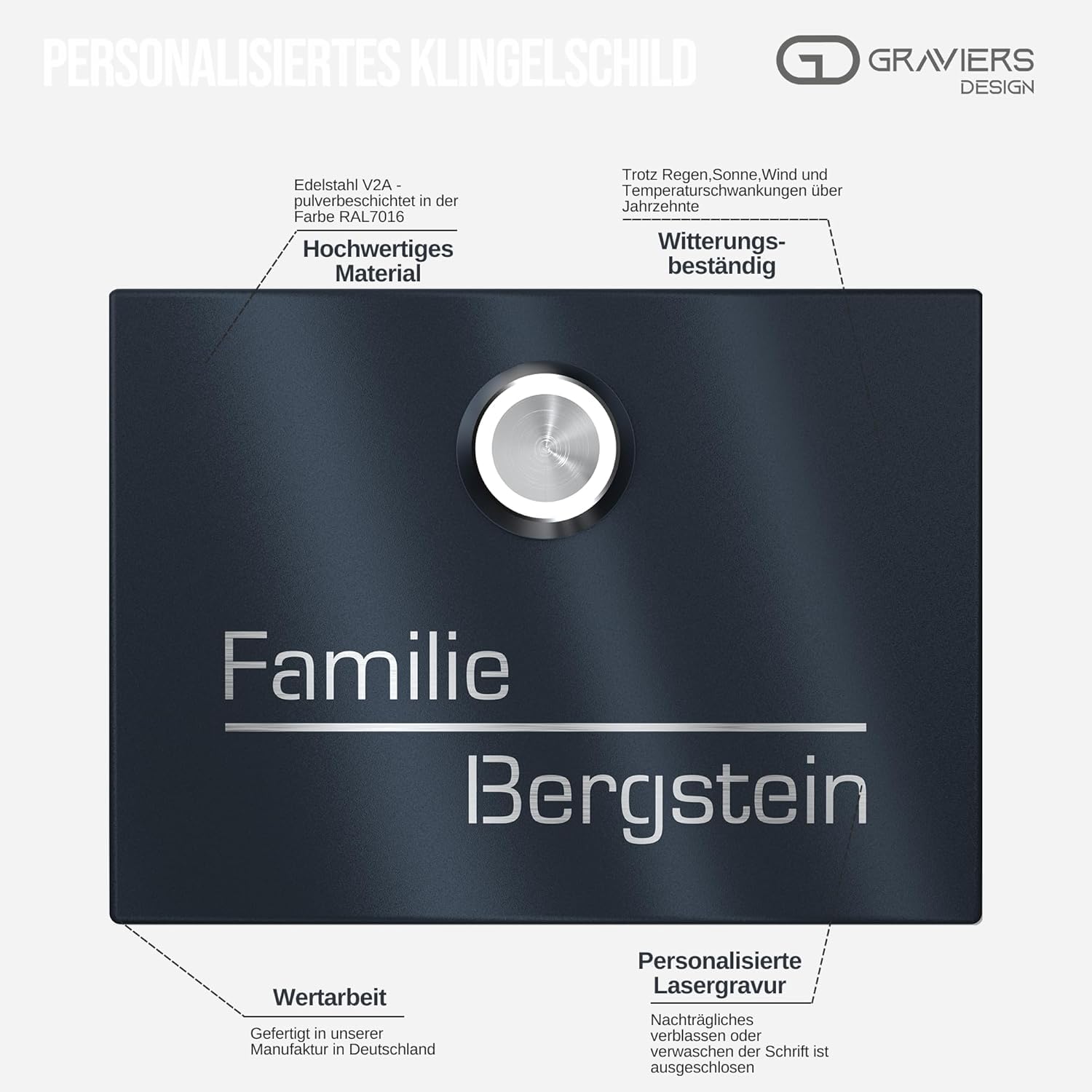 Sonnette LED En Acier Inoxydable – Modèle Falke Avec Gravure Papillons – Personnalisable