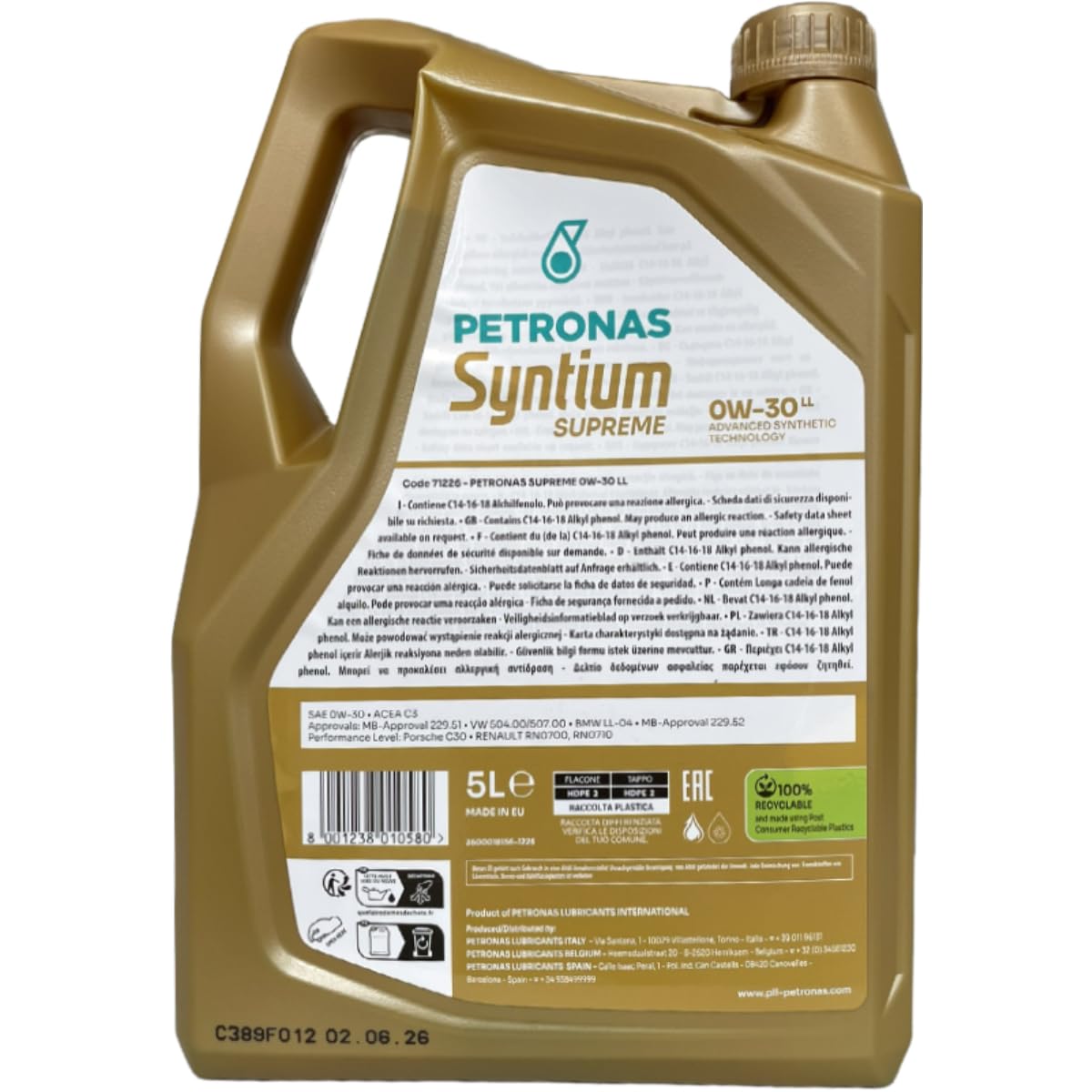 Petronas Syntium Supreme 7000 LL 0W-30-ACEA C3 - MB-Approval 229.51, MB 229.52, VW 504.00 / VW 507.00, BMW LL-04 -Per Diesel e Benzina-5 Litri
