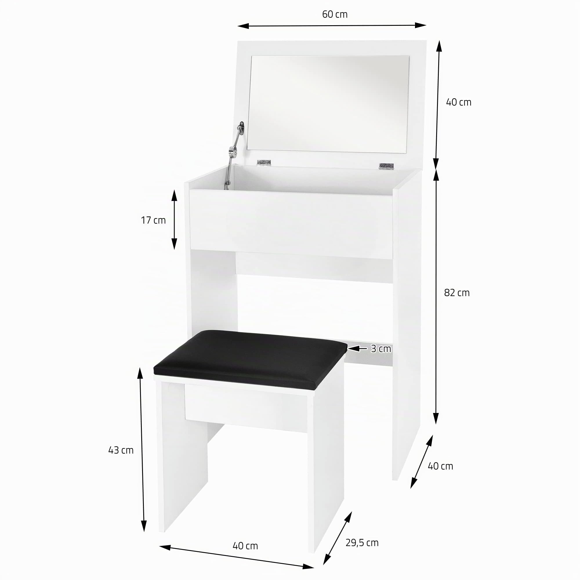 ML-Design Tavolo Mobile da Toeletta Specchio Ribaltabile Postazione Trucco Make-Up 60 x 40 x 122 cm Organizzatore Cosmetici Specchiera Portaoggetti con Sgabello Imbottito Design Moderno Bianco
