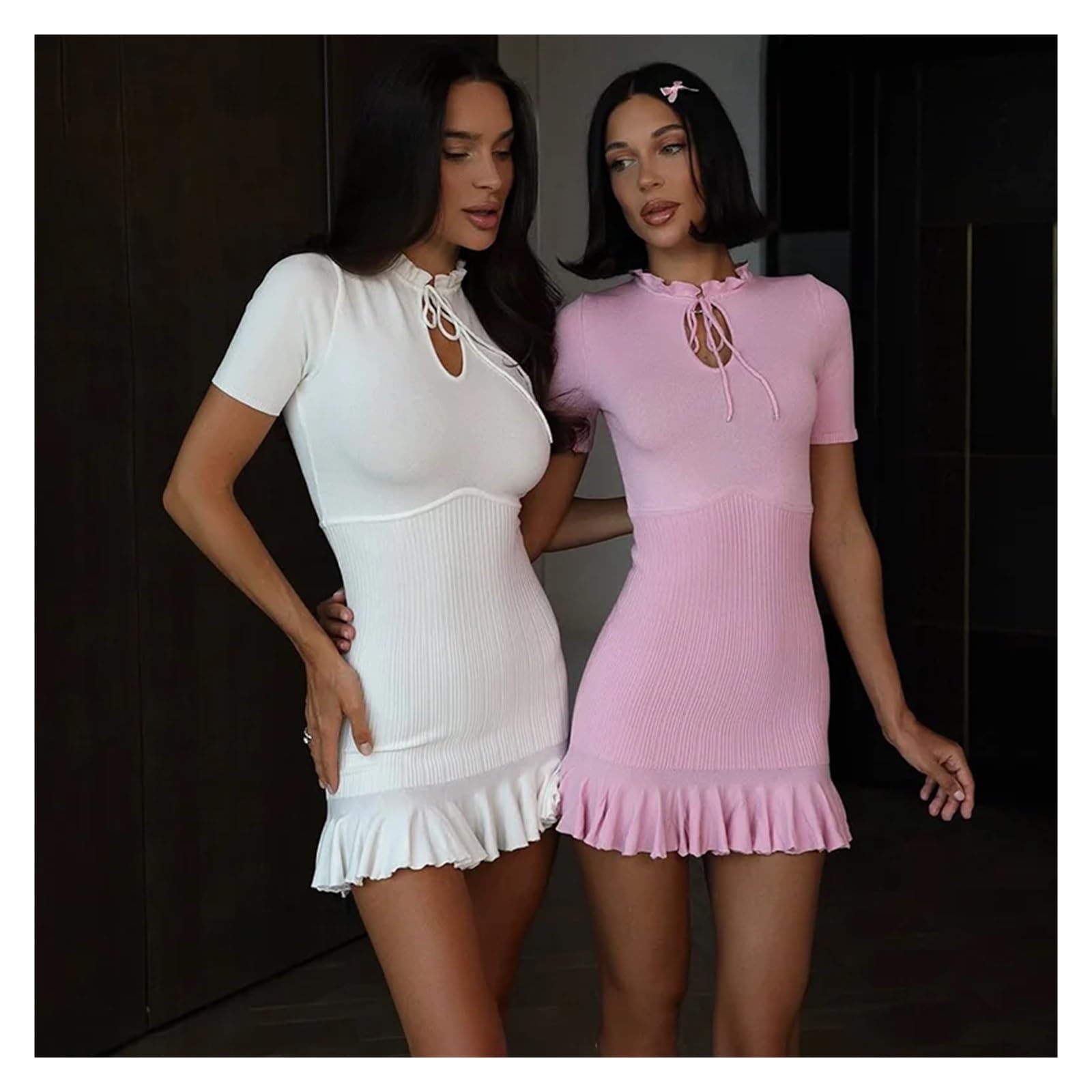 Vestido Deportivo Vestido Mini de Punto con Volantes for Mujer, Vestido Verano Encaje, Cintura Alta y Manga Corta Vestido Padel Mujer(Yellow,L)