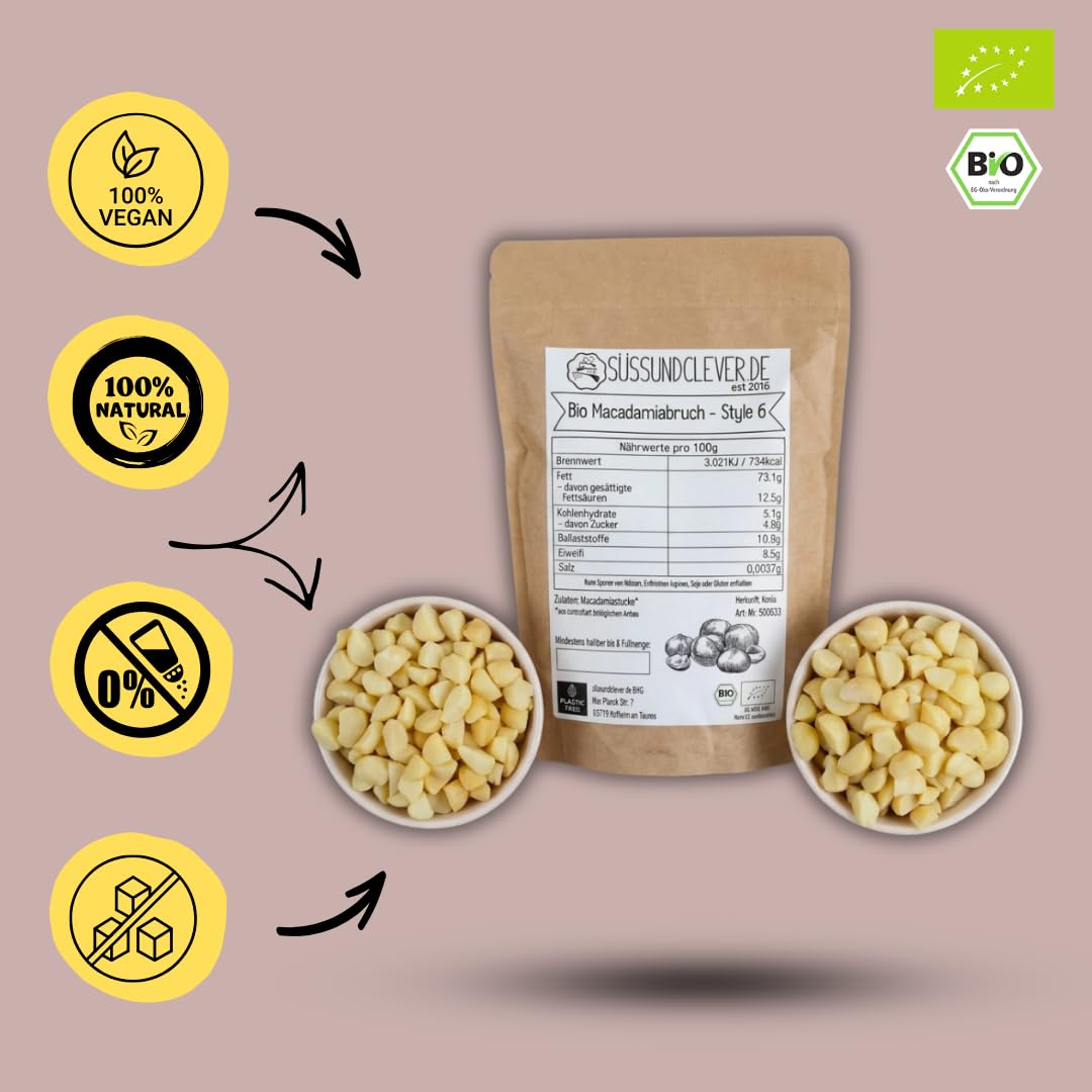 süssundclever.de® Bio Macadamiabruch | Macadamiakerne | 1,0 kg | Macadamia | Style 6 | plastikfrei und ökologisch-nachhaltig abgepackt