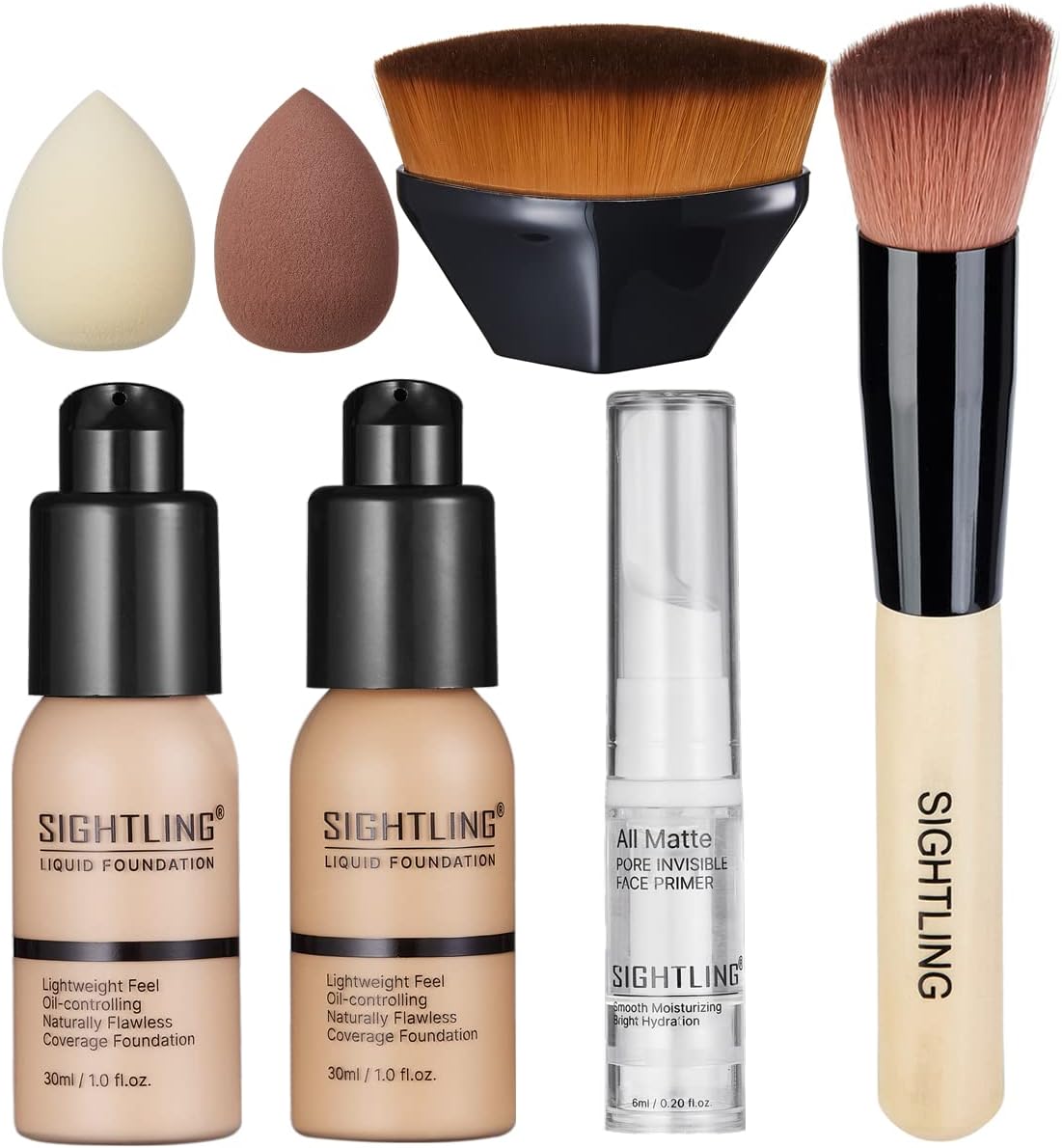 SIGHTLING 30ml Foundation Liquid Full Coverage 24HR Matte Oil Control Concealer (Nude & Buff Beige) with Face Primer & Wooden Handle Foundation Brush & Petal-Shaped Cosmetics Brush & Makeup Sponges