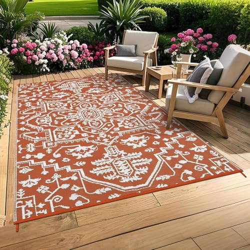 COZYLOOM Outdoor Rug 8x10 Patio Waterproof, Vintage Outdoor Plastic Straw Rug Reversible Oriental Floral Mats with Portable Bag for Balcony, Camper, B