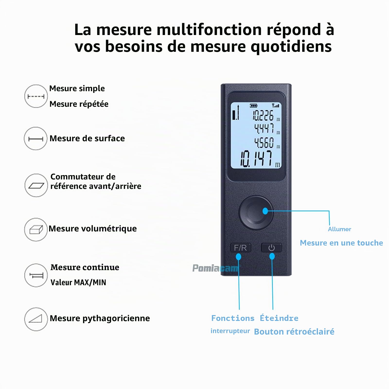 Télémètre Laser Intelligent Outil de Mesure Laser Portable Distance Laser Portable Rechargeable par USB, Mode pythagore, Mesurer la Distance, la Surface et Le Volume, avec Fonction Horizontale