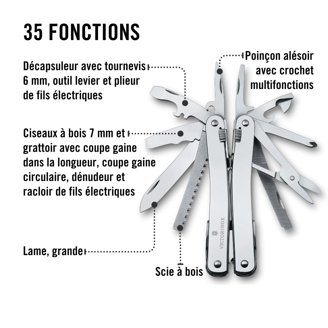 VICTORINOX Outil Multifonction Swiss Tool X Plus, 35 Fonctions, Swiss Made, Multifonction avec Lame Blocable, y c. Étui-Ceinture Nylon, Argent
