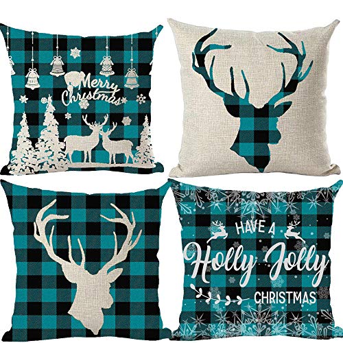 Ramirar Juego de 4 fundas de almohada decorativas con diseño de copos de nieve y copos de nieve de Navidad, color azul, 45,72 x 45,72 cm