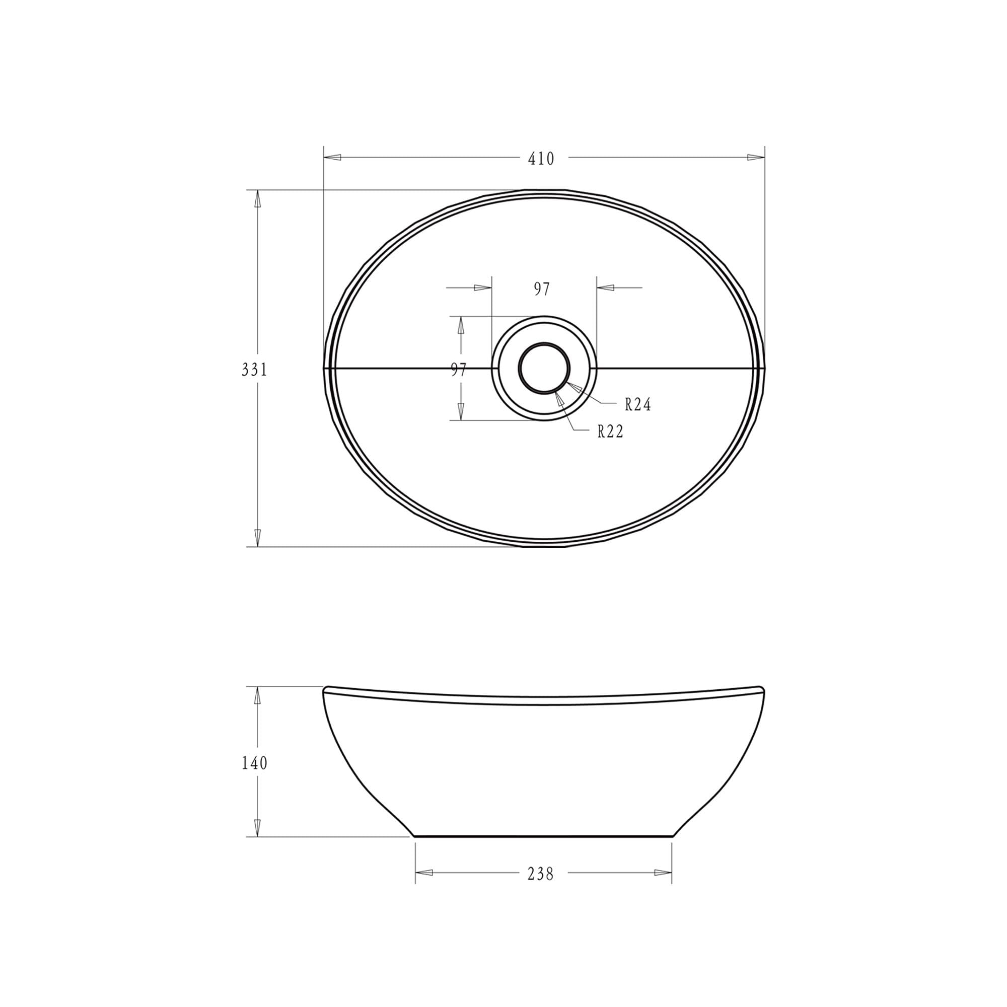 doporro Lavabo sobre encimera de cerámica blanco mate Brüssel205 41x33x14cm forma ovalado con sellado- Nano