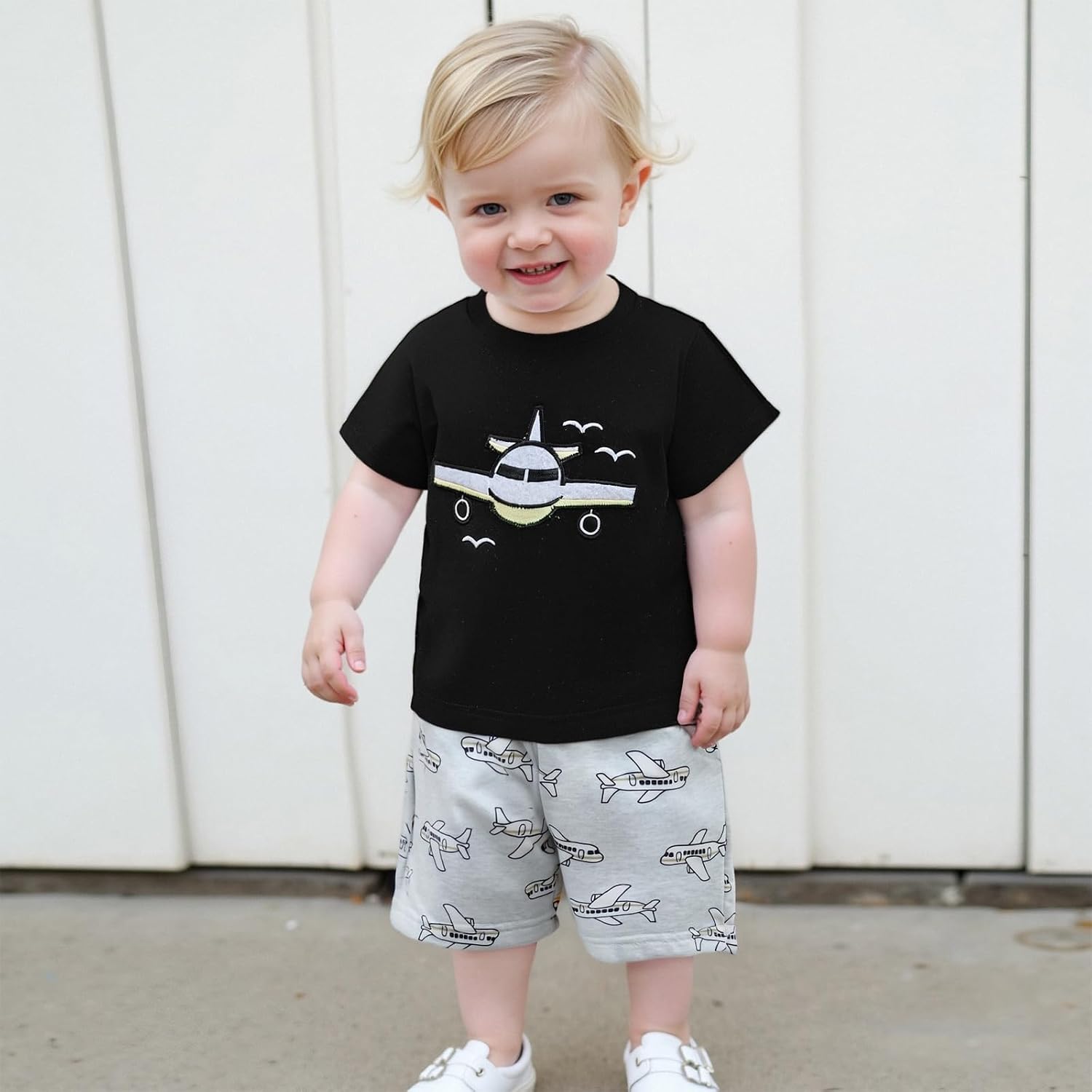 Toddler Baby Boy Pilot Outfit Airplane Embroidered Short Sleeve T-shirt Striped Shorts Set Little Kids Summer Clothes