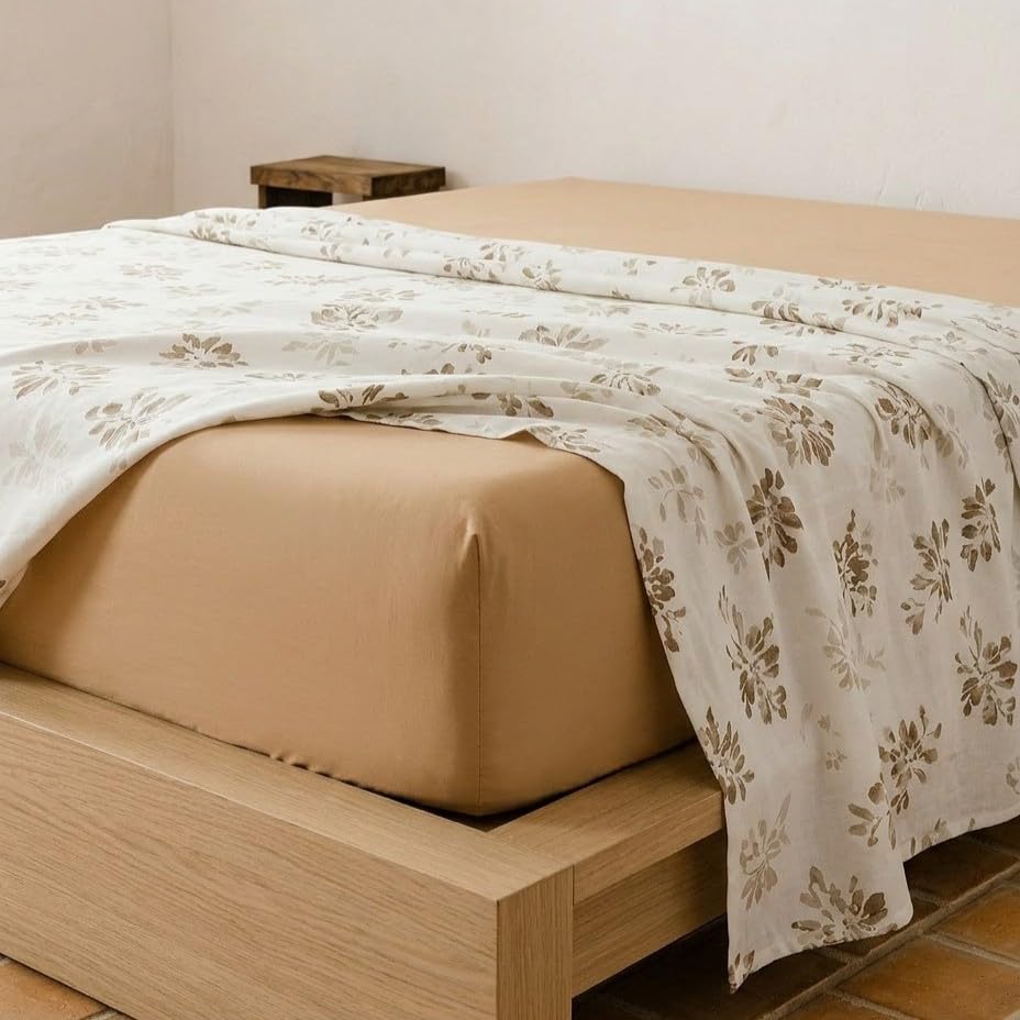 Juego sabanas 100% algodón, Flores Cama 80/90, con Funda de Almohada, Taupe.