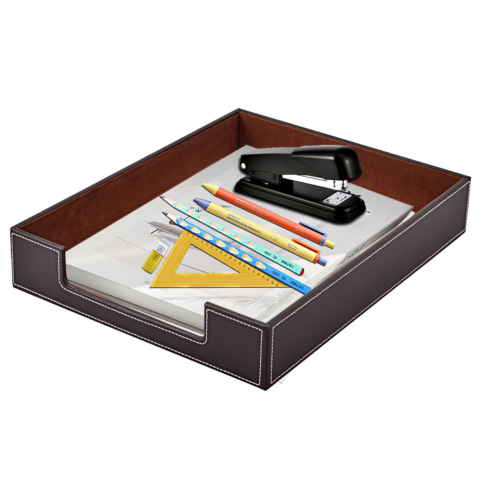 XNONE Leather Letter Tray,Office Supplies Desk Organizer,Stackable File Tray Organizer for Mail Paper Files Magazines Jewelry Cosmetics,Luxury Letter Holder&Multifunction Desktop Storage Box (Brown)