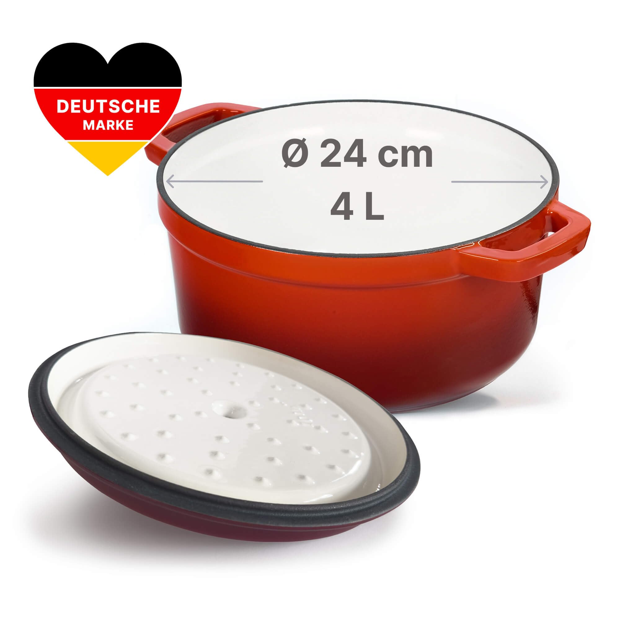 Brotbackform 4L Emaillierter Gusseisen Topf mit Deckel Ø24 cm Schmortopf Bräter Dutch Oven alle Herdarten Induktion Backofen gleichmäßige Hitzeverteilung Cast Iron Pot