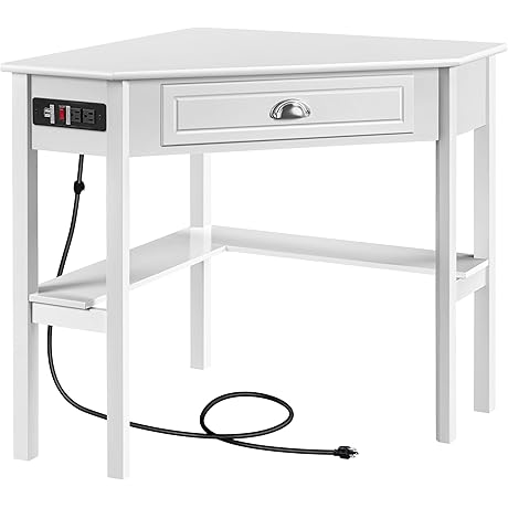 Modern Small White Corner Computer Desk with Power Outlets