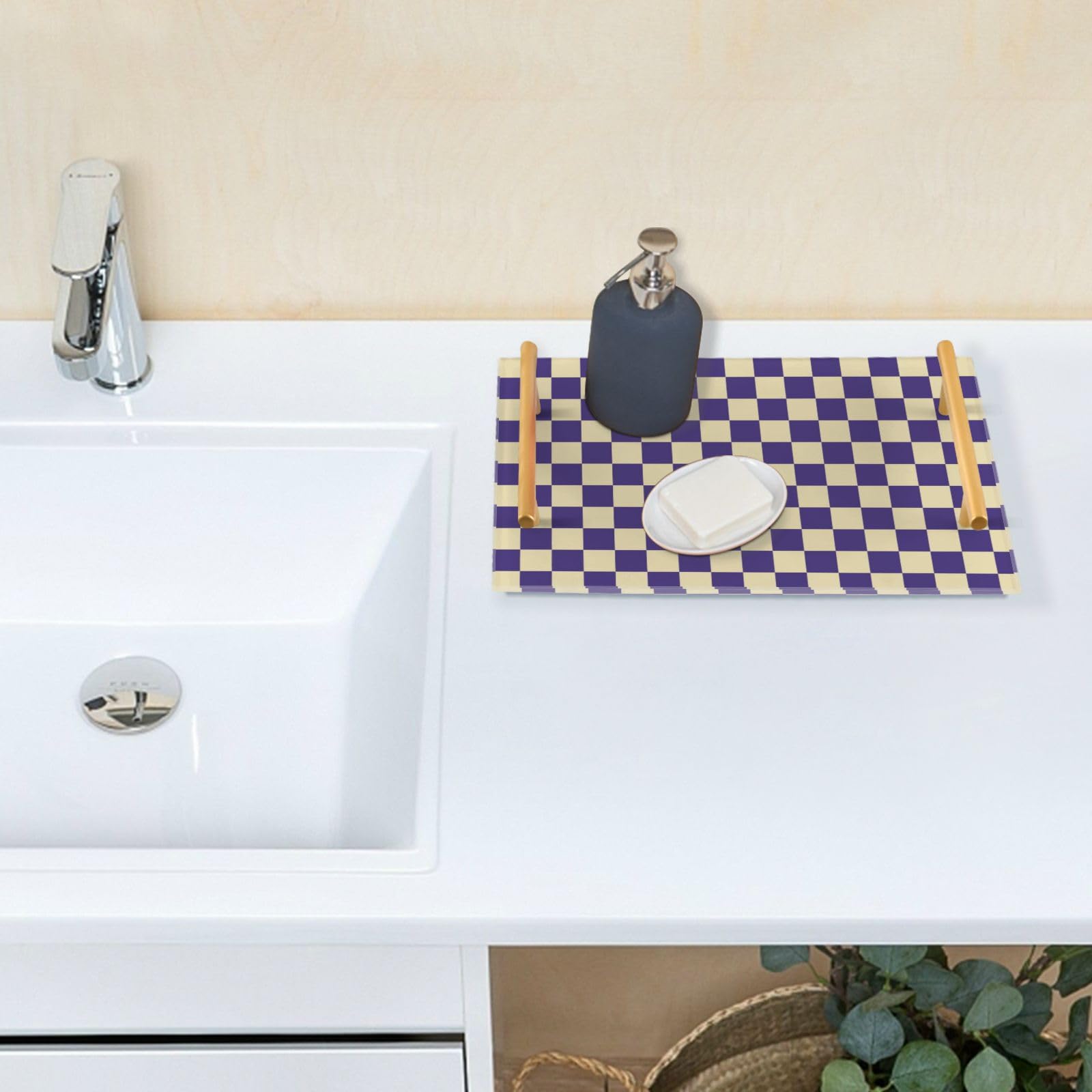 Vassoio per la colazione a scacchi viola e bianco con manici, vassoio da portata per gioielli, profumi, decorazioni per la casa, divano, versatile Bandeja para Desayuno