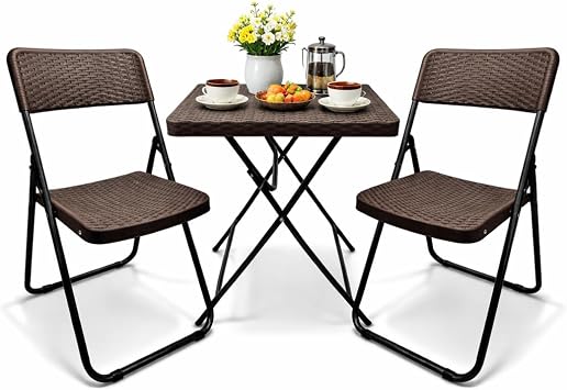 SUNMER Patio Bistro Garden Furniture Set - 3 Piece Rattan Effect Folding Table and Chairs - Heavy Duty Capacity, Weather Resistant Outdoor Seating for Garden, Balcony, Yard and Dining - Brown
