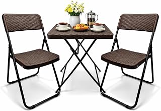 SUNMER Patio Bistro Garden Furniture Set - 3 Piece Rattan Effect Folding Table and Chairs - Heavy Duty Capacity, Weather Resistant Outdoor Seating for Garden, Balcony, Yard and Dining - Brown