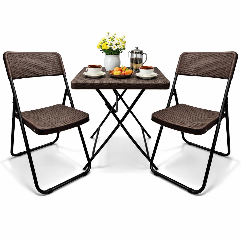 SUNMER Patio Bistro Garden Furniture Set - 3 Piece Rattan Effect Folding Table and Chairs - Heavy Duty Capacity, Weather Resistant Outdoor Seating for Garden, Balcony, Yard and Dining - Brown