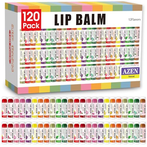 Image of AZEN 120 Pack Lip Balm, Natural Lip Balm Bulk, Lip Care Product, Moisturizing Lip Balms for dry cracked lips - 12 Flavors