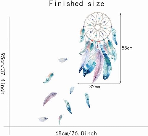 Miniatura 5 de Dreamcatcher - Calcomanías de pared con plumas de red de ensueño azul-verde, calcomanías de pared extraíbles de vinilo para despegar y pegar para