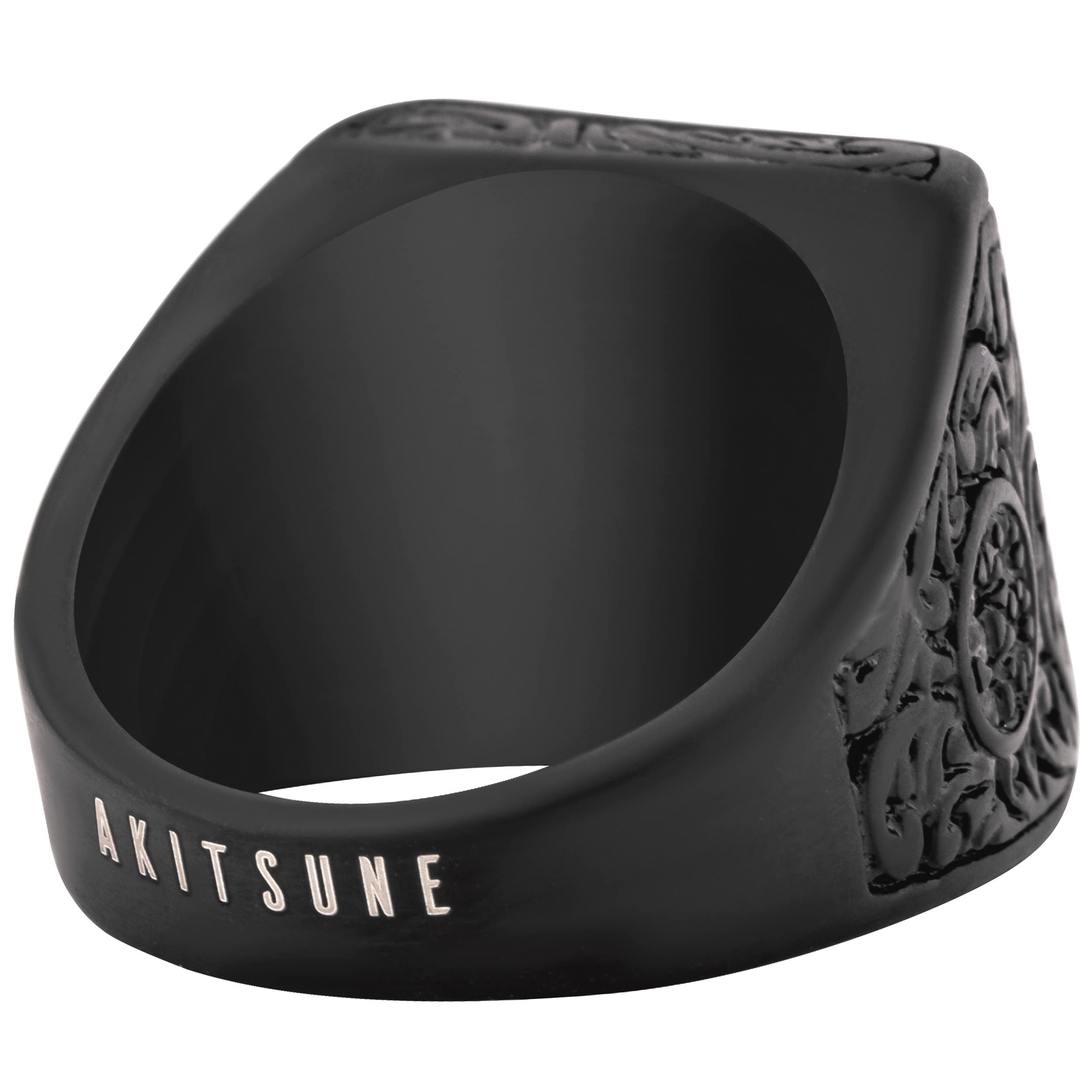 Akitsune Floris Anillo | Design-Anillo Mujer Hombre Acero Inoxidable Sello de adorno floral Grande - Negro Mate - US 9