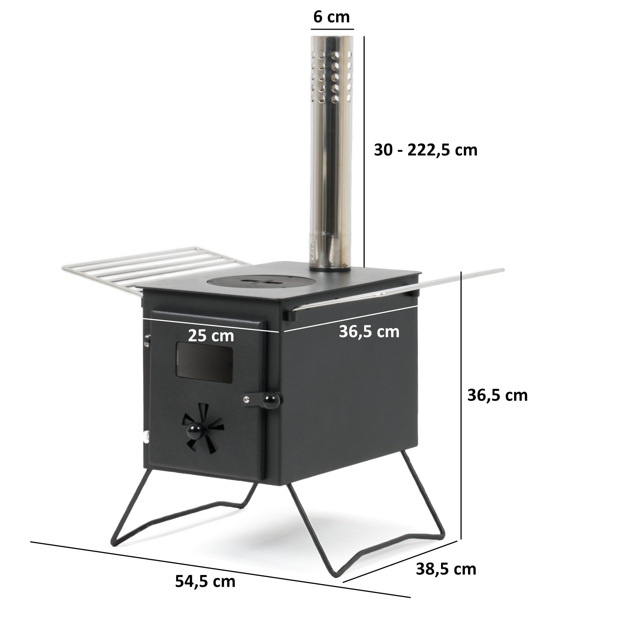CampFeuer Stufa per tenda da campeggio | 54 x 40 x 259,5 cm | nero | Stufa a legna portatile per campeggio, outdoor, tenda | Riscaldamento per tende da campeggio, stufa per tenda a legna