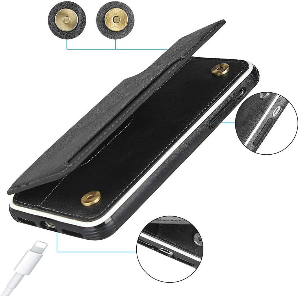 Cavor for iPhone X Wallet Case with Card Holder for Women Men,Phone Case for iPhone X with Credit Card Holders,Leather Card Slots Cases[Kickstand][Wrist Strap] Shockproof Case- Black