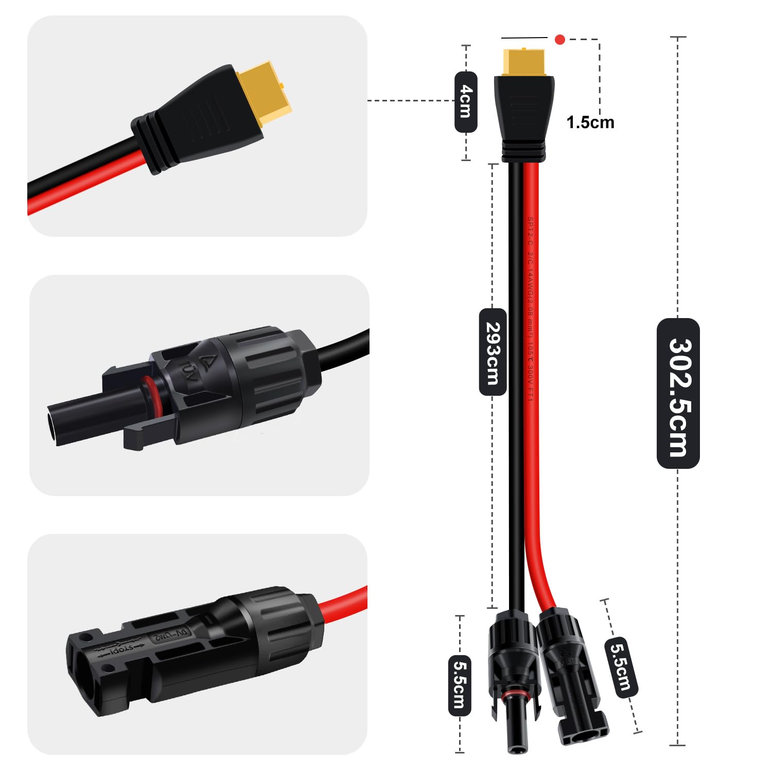 Kabel Solarny z Wtykiem XT60, Kabel ładujący 12 AWG, Adapter XT60 na Gniazdo Wtyku Solarnego do Przenośnych Paneli Słonecznych, Generator Solarny Kraftwerk (3 m)