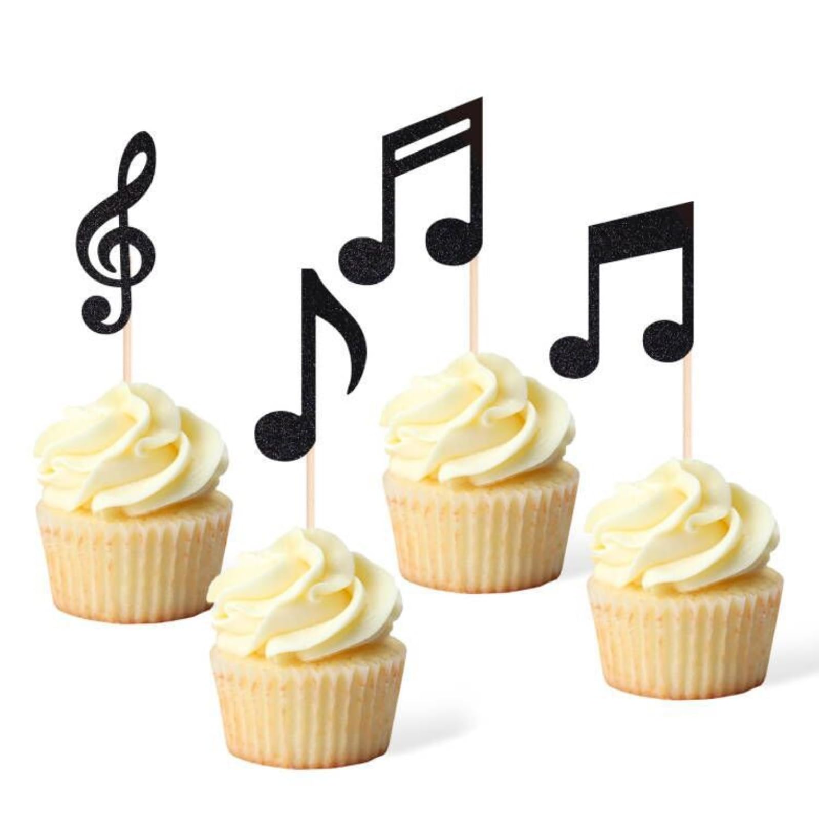 36pcs Musical Notes Cupcake Toppers，Black Glitter Note Cupcake Picks For Rock Music Concerts, Themed Parties, And Birthdays Party Decorations