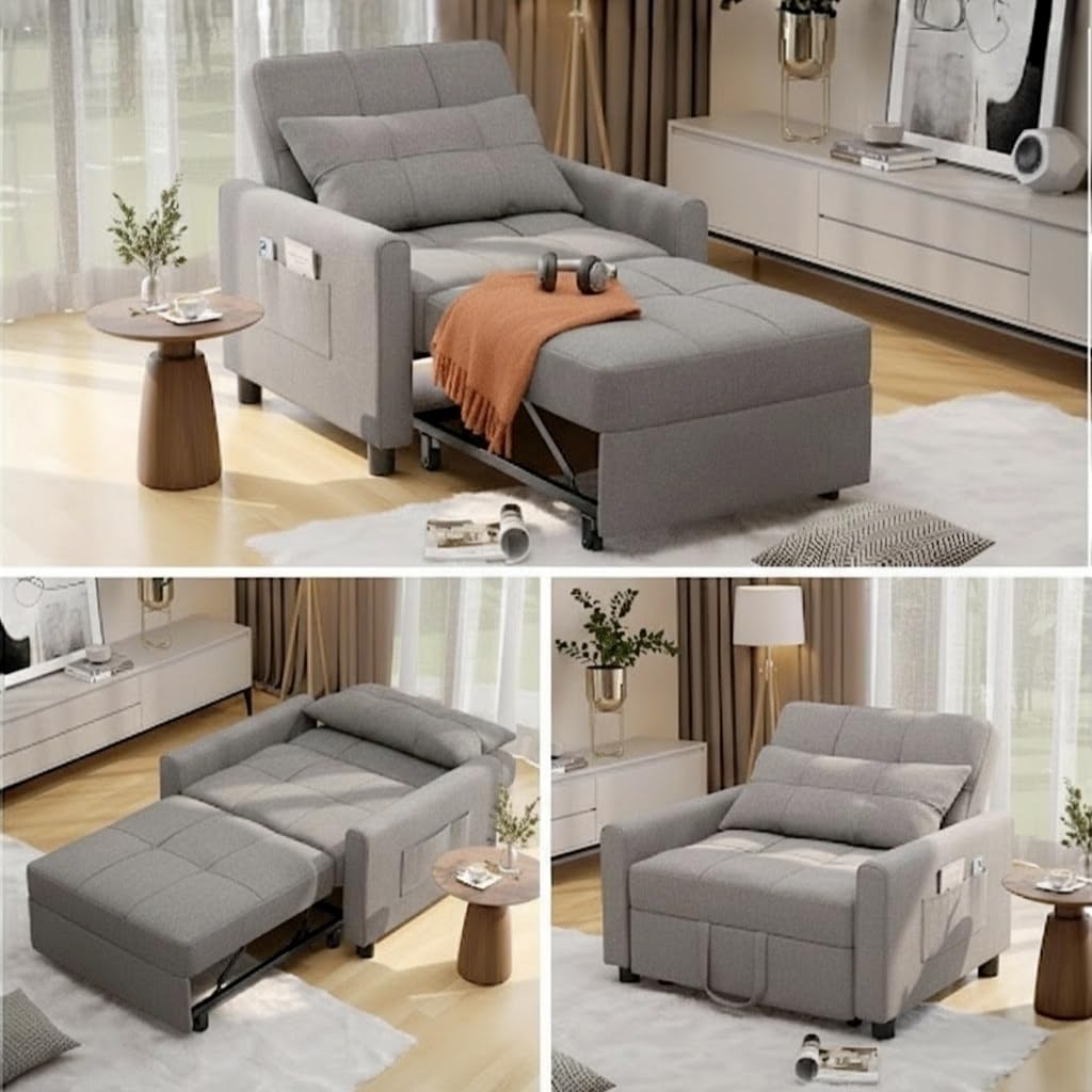 Aiho Convertible Sleeper Chair, 3-in-1 Sofa Bed with Adjustable Design, Pillow & Pocket - Pull Out Sleeper for Apartment, Light Gray