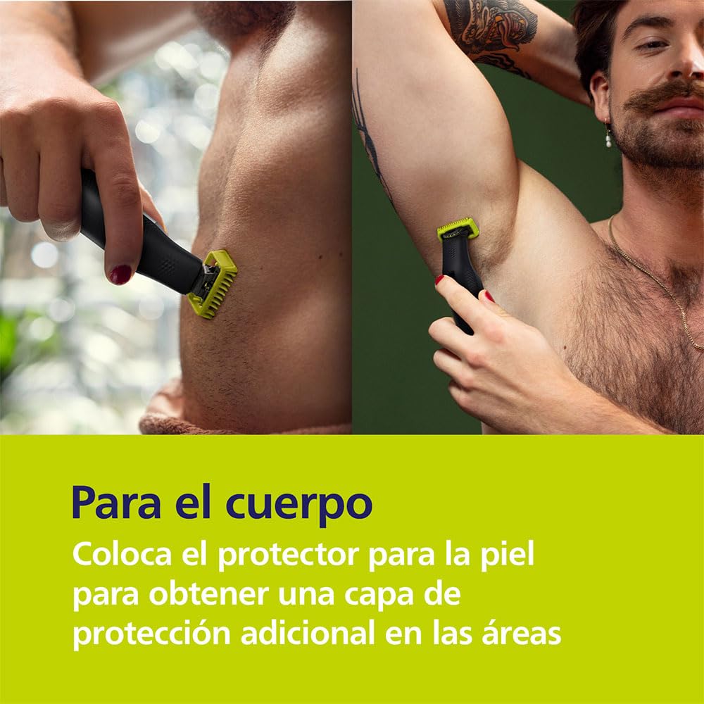 Man using Philips OneBlade Pro 360 with skin guard for body grooming.